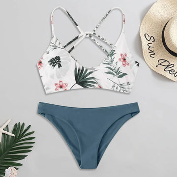 Floral Print Cross Back 2 Piece Swimsuit